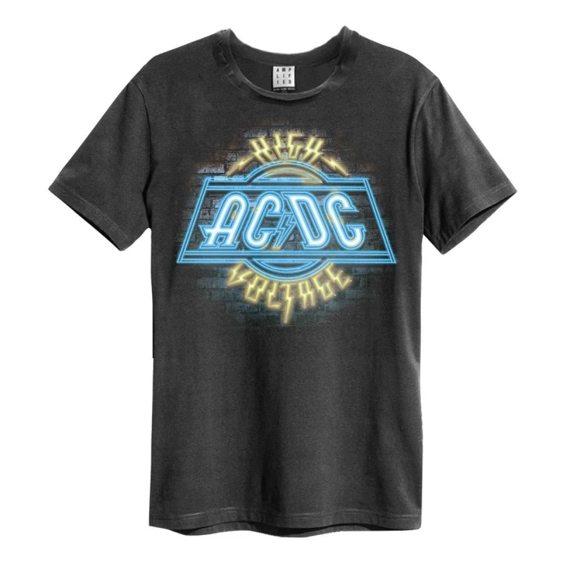 Image of Amplified Amplified Men High Voltage Neon AC DC T-Shirt in Charcoal Size: Small Charcoal S Male 5063470409358