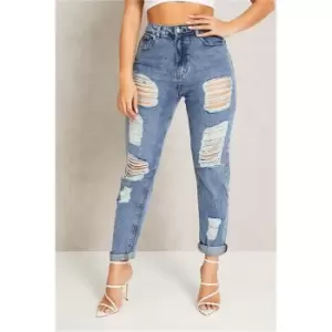 Image of I Saw It First Mid Wash Multi Rip Mom Jeans - Blue