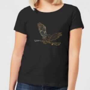 Image of Harry Potter Hedwig Broom Gold Womens T-Shirt - Black