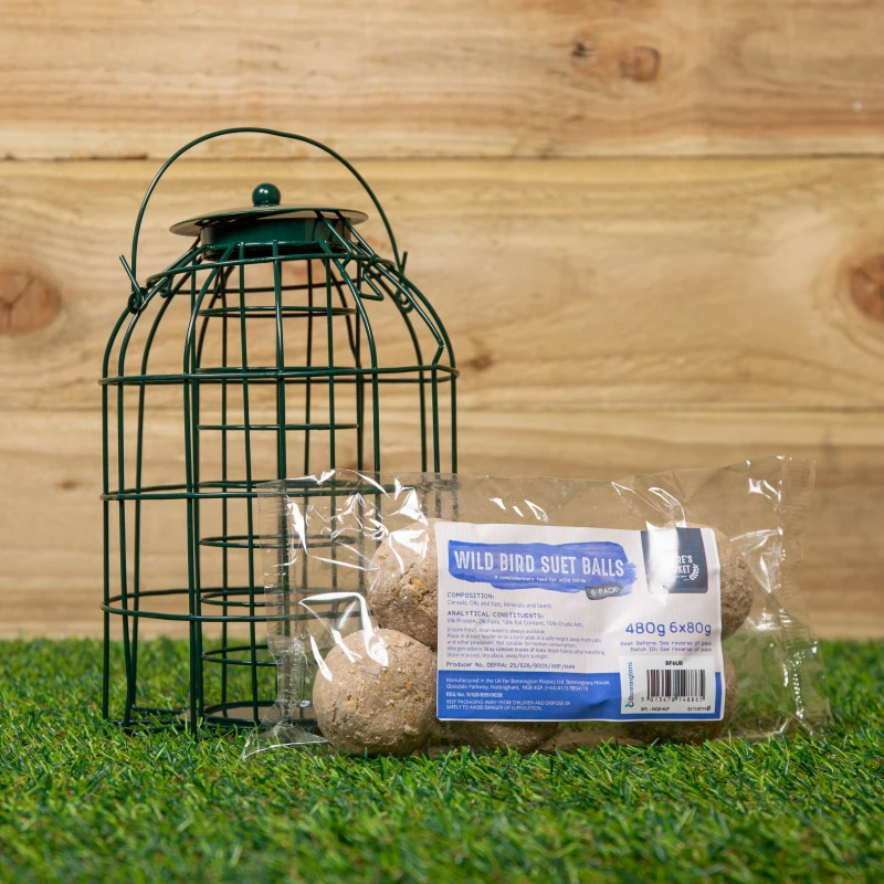 Image of Samuel Alexander Metal Hanging Bird Fat Ball Feeder with Squirrel Guard & Pack of 6 Suet Fat Balls