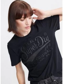 Image of Superdry Real Original Glitter Embossed T-Shirt - Black, Size 6, Women