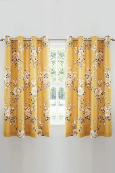 Image of Catherine Lansfield 'Canterbury' Floral Eyelet Curtains Mustard