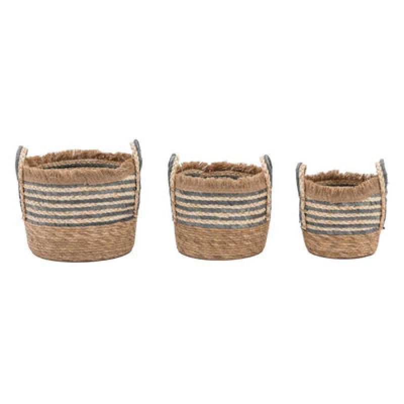 Image of Crossland Grove Boheme Fringed Woven Basket Ink Stripe Set Of 3, Brown 5056693592105