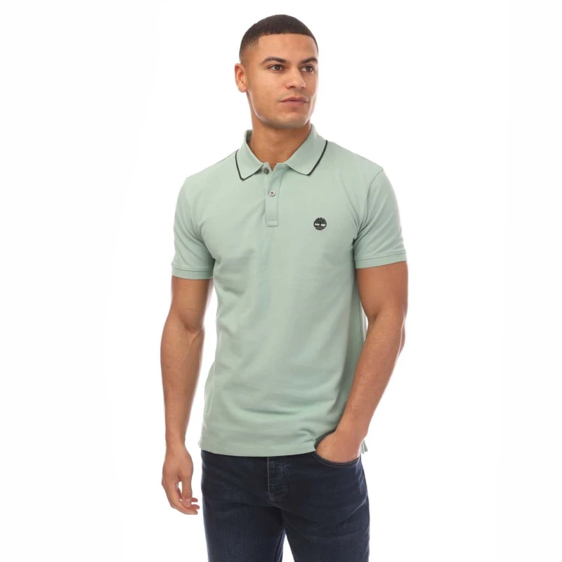 Image of Timberland Millers River Printed Neck Polo Shirt - Green Green S