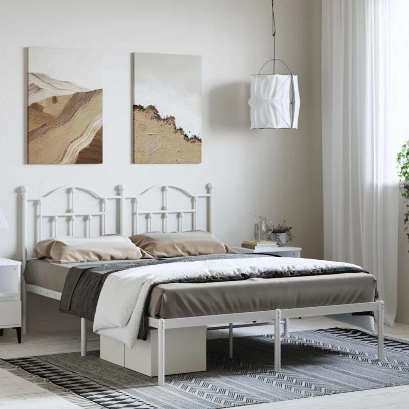 Image of Vidaxl Metal Bed Frame Without Mattress With Headboard White 135X190 Cm Double, White 353487