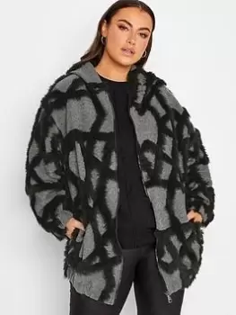Image of Yours Hooded Zip Front Faux Fur Jacket - Grey, Size 18, Women