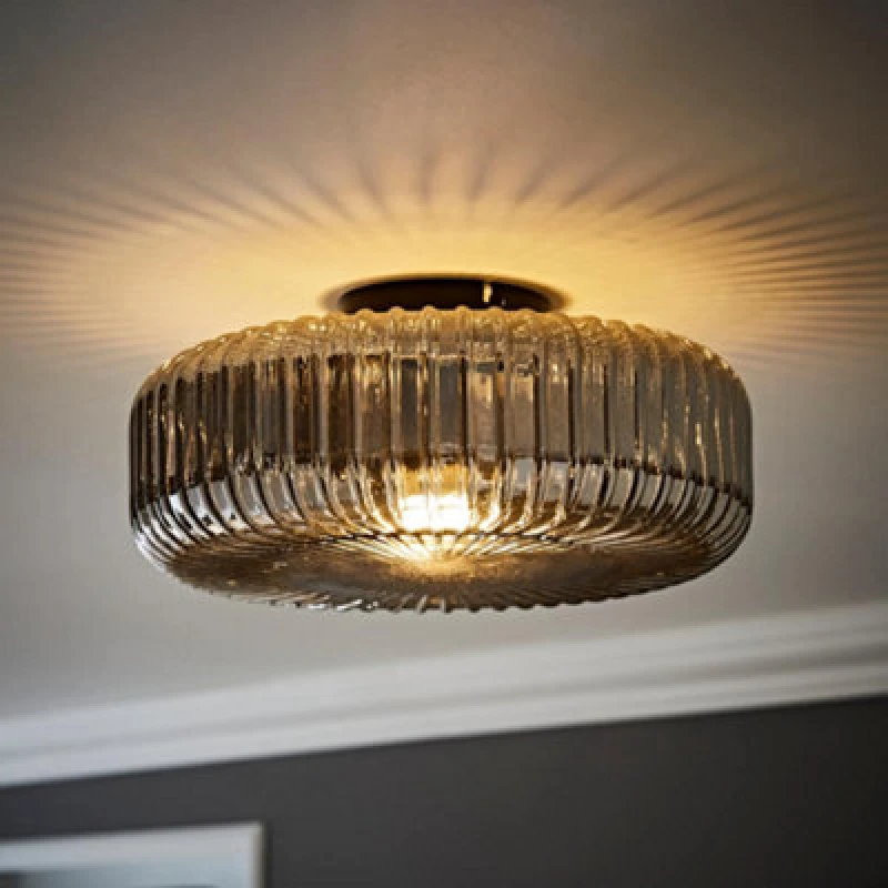 Image of ValueLights ValueLights Calpe Large Ribbed Glass Shallow Flush Ceiling Light in Black One Size Unisex 5016529274773