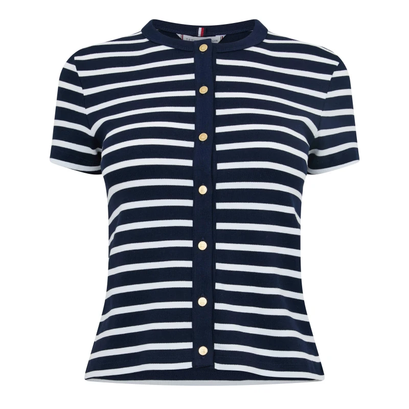 Image of Tommy Hilfiger Womens Gold Button Slim Fit T-Shirt Dark Night/Ecru female 8 (XS)