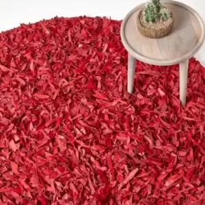Image of HOMESCAPES Dallas Leather Shaggy Rug Red, 150cm Round - Red