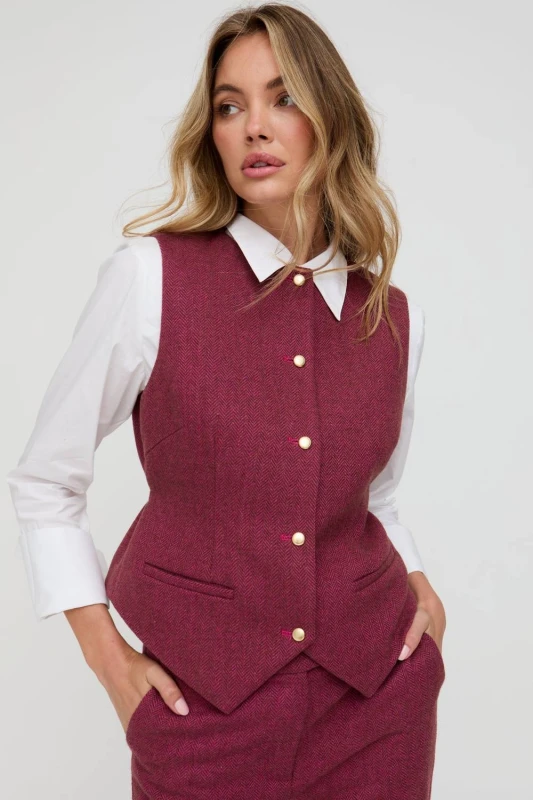 Image of Lily and Lionel Womens Pandora Tailored Herringbone Print Waistcoat In Pink in Raspberry Size: 8 Raspberry Female 8