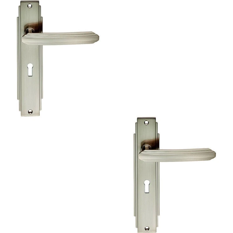 Image of Loops 2x PAIR Line Detailed Handle on Lock Backplate 205 x 45mm Satin Nickel Metallics