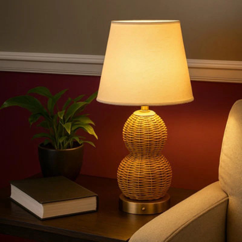 Image of Lighting Collection Rechargeable Rattan Table Lamp in Light Brown Light Brown Unisex