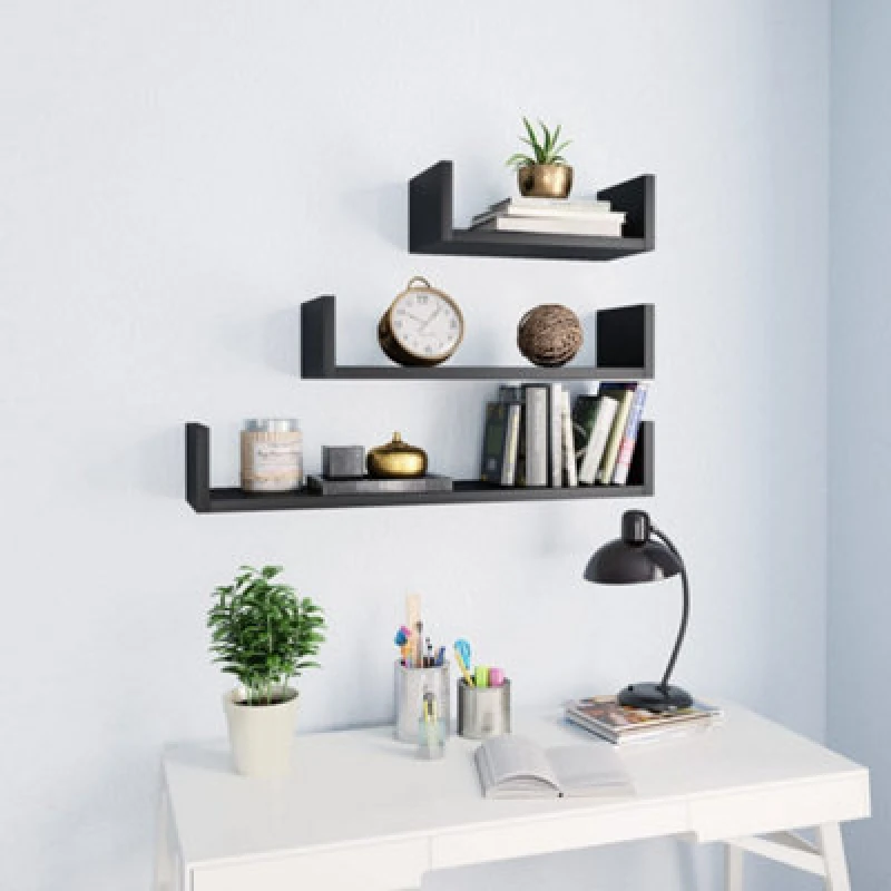 Image of vidaXL 3x Wall Display Shelf Black Engineered Wood Floating Shelf Wall Shelf