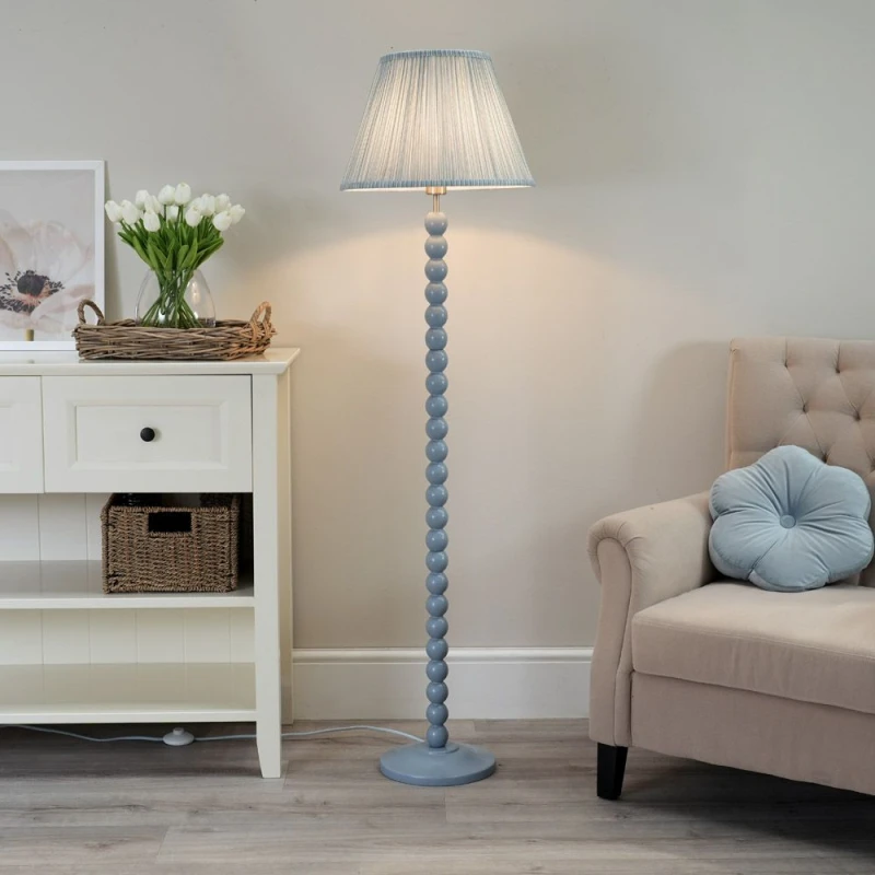 Image of ValueLights Bobbins Powder Blue Floor Lamp with Tapered Fabric Pleated Shade Blue