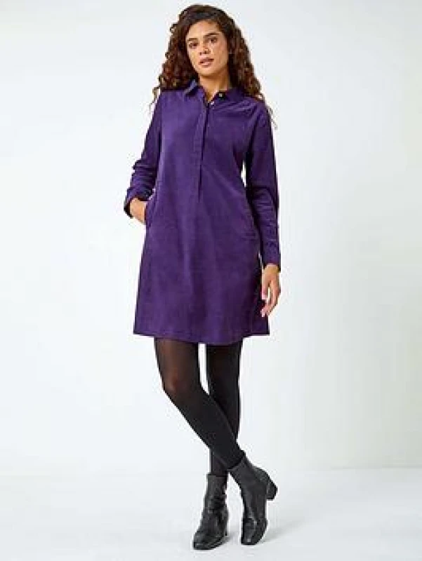 Image of Roman Corduroy Tunic Shirt Dress Purple