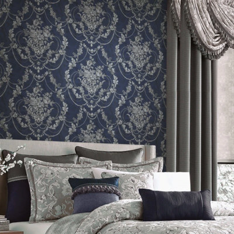 Image of Debona Perla Ii Damask Texture Vinyl Navy Silver Metallic Glitter Wallpaper 9086