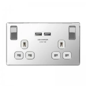Image of Masterplug Polished Chrome Screwless Plate Double Socket + 2 x USB Port Insert