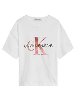 Image of Calvin Klein Jeans Girls Distorted Monogram T-Shirt - White, Size Age: 16 Years, Women