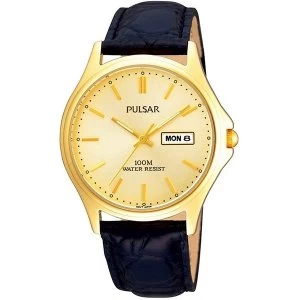 Image of Pulsar PXF296X1 Mens Gold Plated Champagne Dial Classic Leather Strap Watch