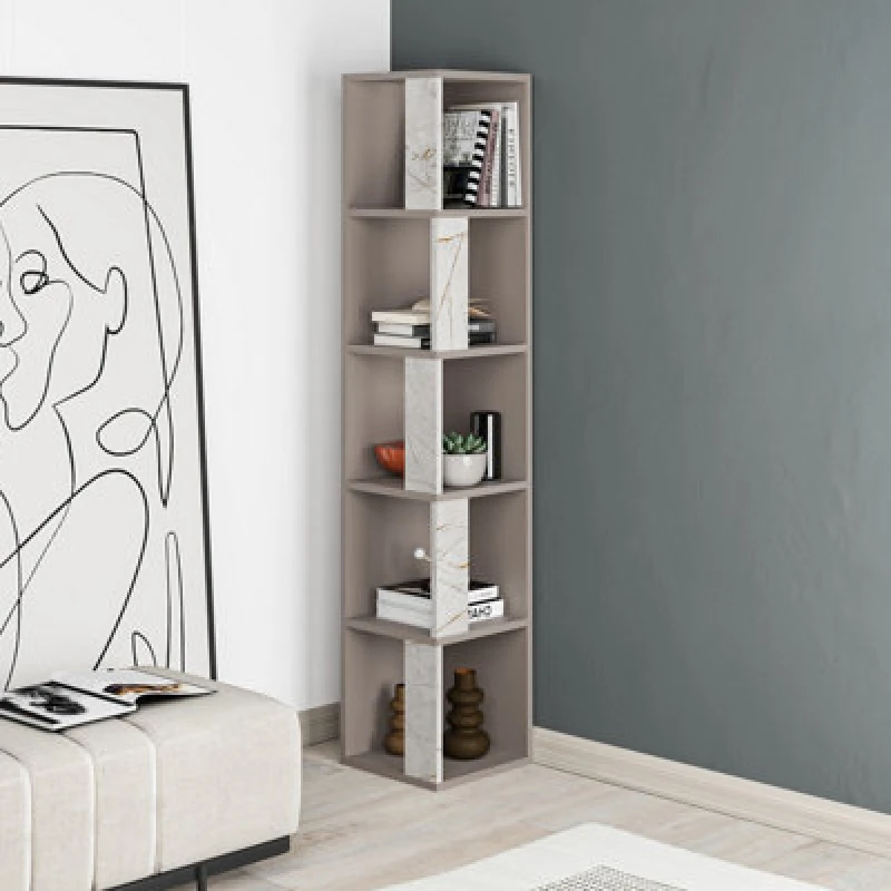 Image of Decortie Piano Modern Corner Bookcase Display Unit Mocha Grey, Gold Marble Effect Tall 158.9Cm