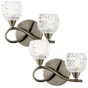 Image of 2 PACK LED Twin Wall Light Twist Arm Antique Brass Glass Pattern Dimming Lamp