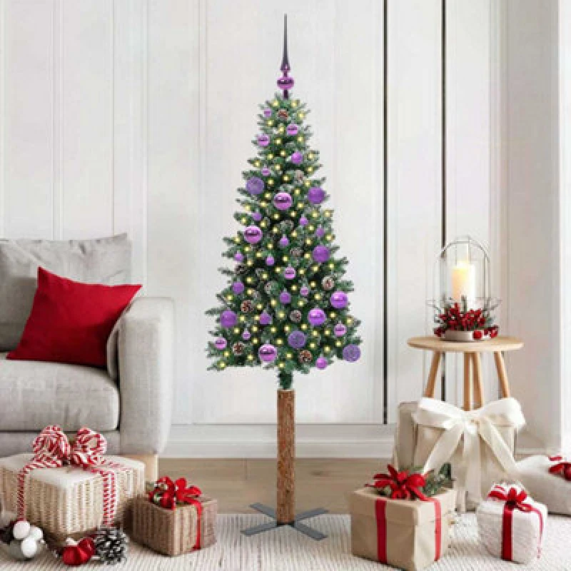 Image of vidaXL Slim Christmas Tree with 150 LEDs, Lilac Balls Green and White 150 cm, Green 3394892
