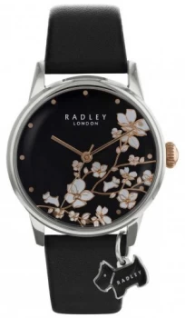Image of Radley Ladies Flower Print Black Dial Leather Watch