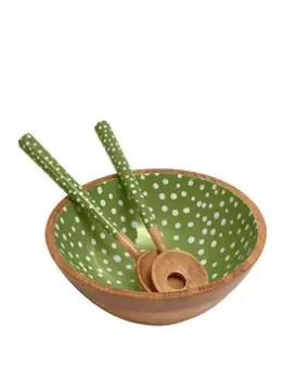 Image of Dexam Sintra Mango Wood Spotted Salad Bowl And Serving Spoons Set In Green