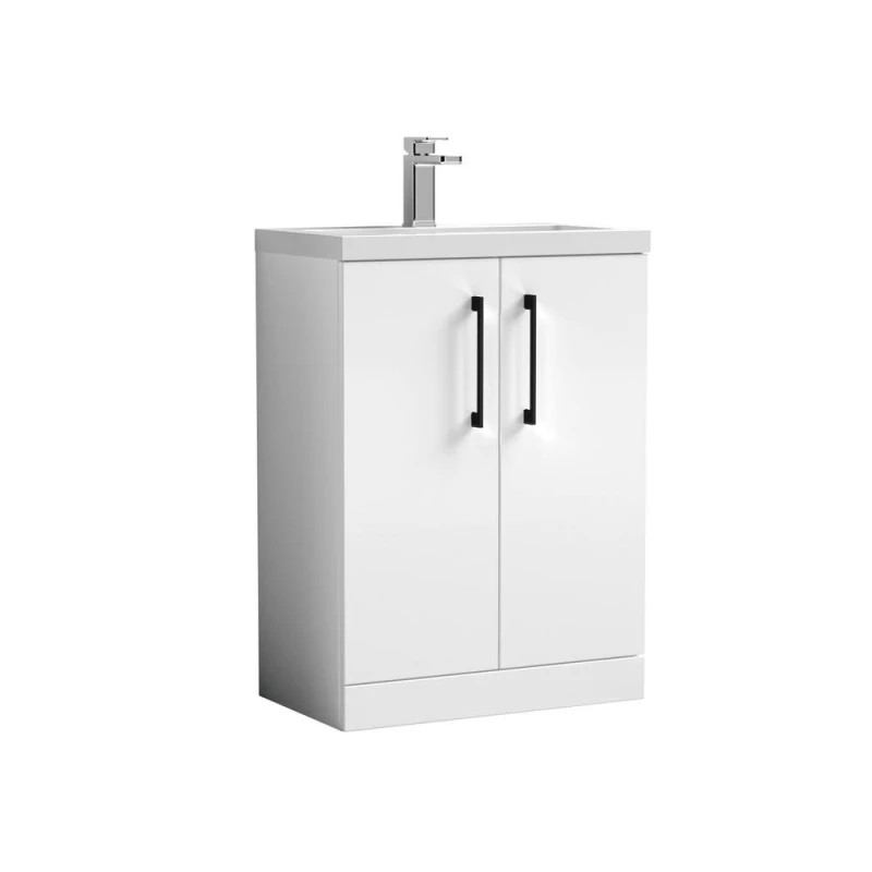 Image of Balterley Bathroom Vanity Basin Unit, Black Handles, 600mm, Gloss White White Unisex