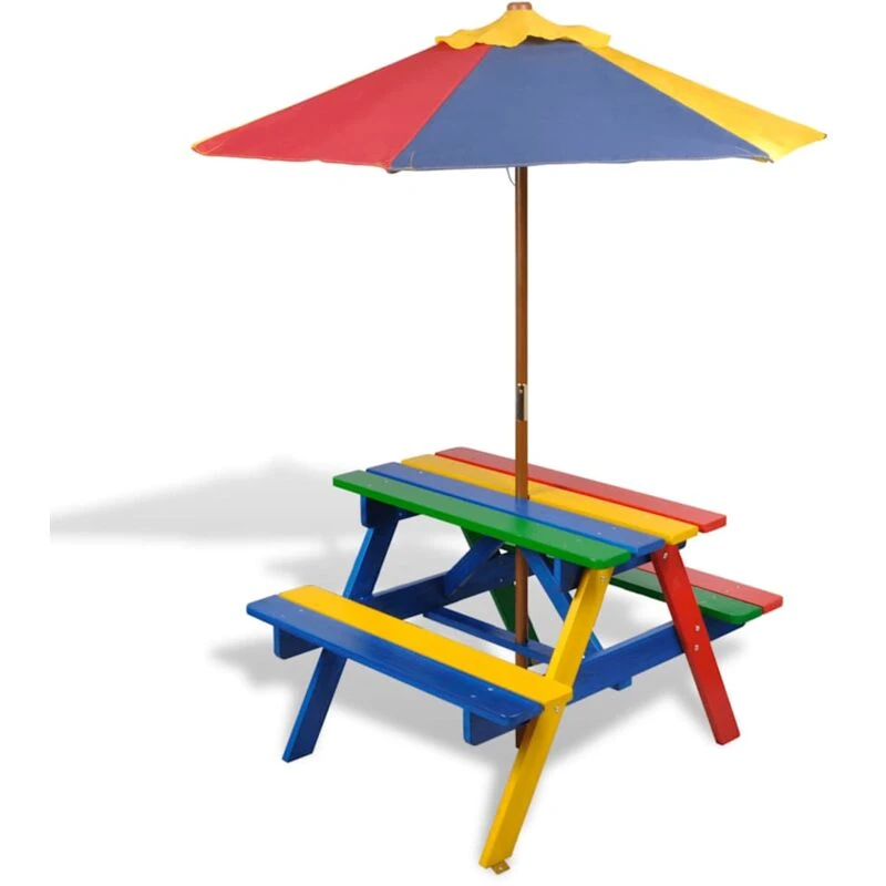Image of vidaXL Kids Picnic Table & Benches with Parasol Children Garden Picnic Seat