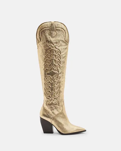 Image of AllSaints Roxanne Knee High Metallic Leather Boots