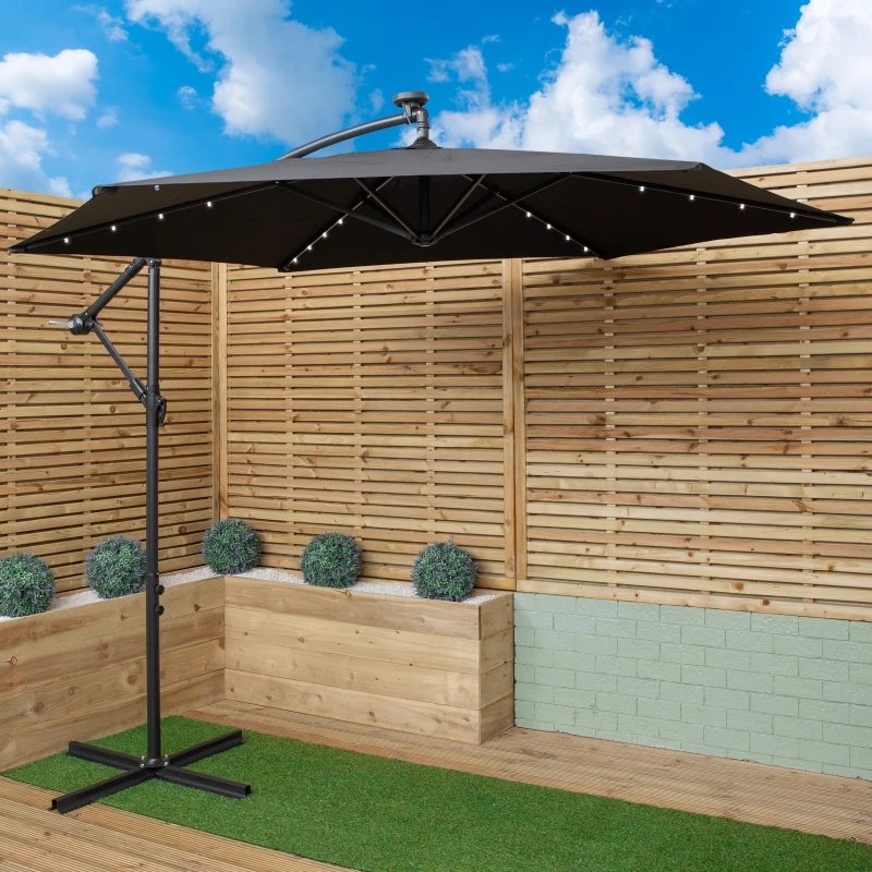 Image of Samuel Alexander 3m Solar Powered Cantilever Lit Banana Garden Parasol with Crank Handle & White LED Lights in Black