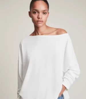 Image of AllSaints Womens Contemporary Rita Oversized Dropped Shoulder Long Sleeve Top, White, Size: XS
