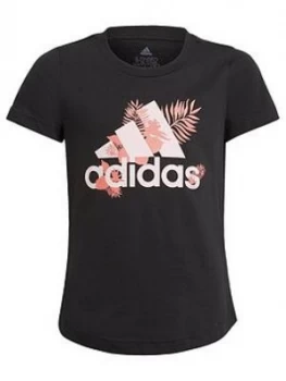Image of Adidas Girls Junior Tropical Badge Of Sport Girls Tee, Black, Size 7-8 Years, Women