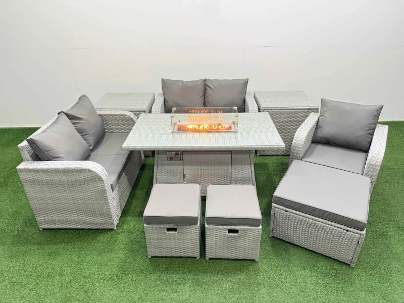 Image of Fimous High Back Poly Rattan Garden Furniture Set with Reclining Chair Loveseat Sofa Firepit Dining Table Indoor Outdoor Patio Set 3 Stools 2 Side Ta