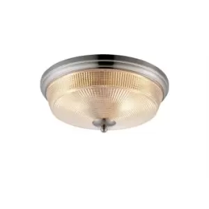 Image of Luminosa Armure 2 Light E27 Flush Ceiling Lamp, IP44, Satin Nickel, Prismatic Glass