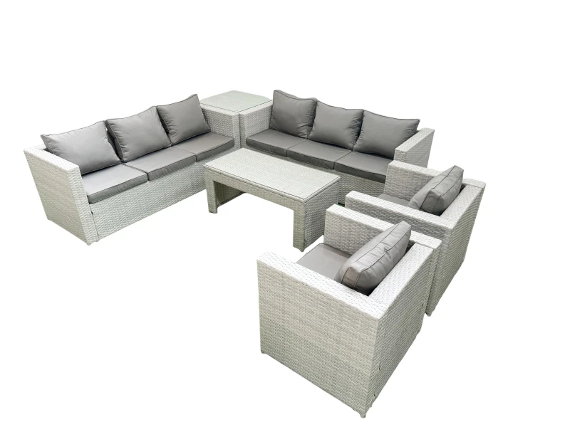 Image of Fimous Outdoor Garden Furniture Rattan Sofa Set with 2 Armchairs Oblong Coffee Table Side Table Light Grey Mixed Light Grey