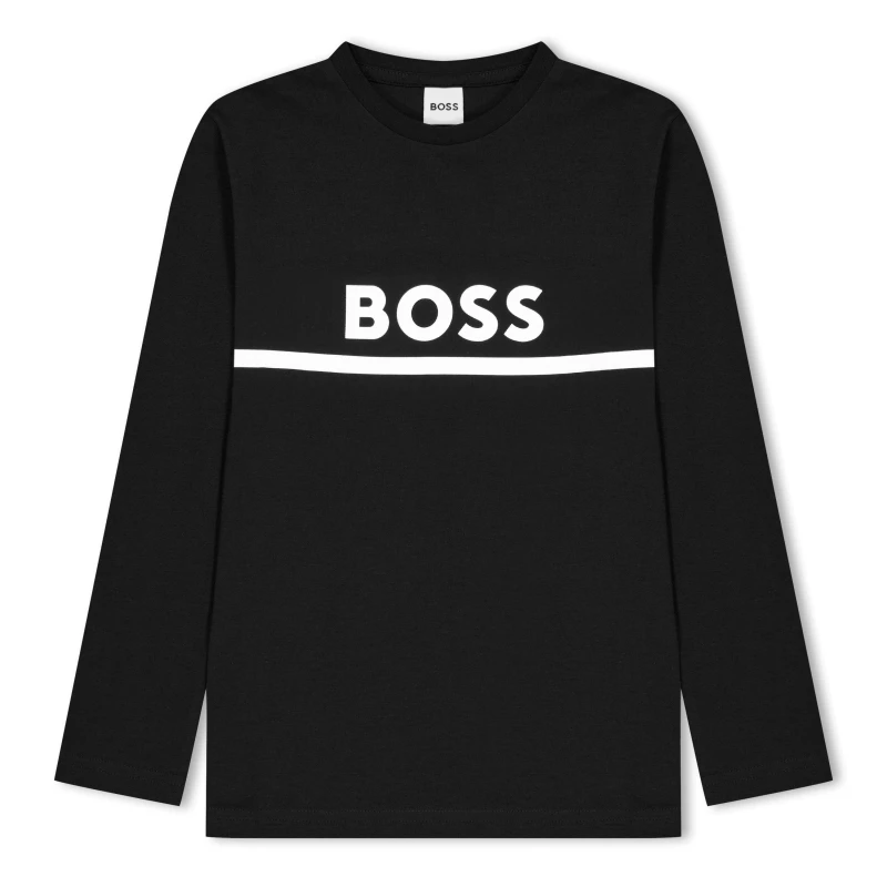 Image of Boss Kids Long-sleeve Large Logo Tee, Iconic Logo Print T-Shirt Black 09B male 10 Yrs