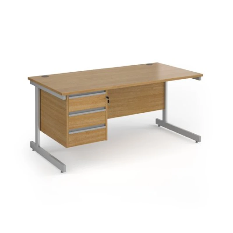 Image of Contract 25 Office Desk Rectangular Desk 1600mm With Pedestal Oak Top With Silver Frame 800mm Depth Contract 25 CC16S3-S-O Oak CC16S3-S-O