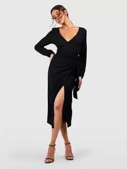 Image of Boohoo Textured Wrap Midi Dress - Black, Size 14, Women