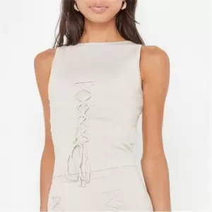 Image of Missguided Petite Rib Lace Up Crop Top - Neutral