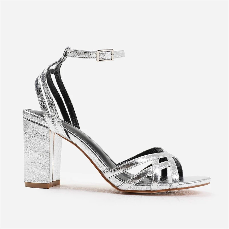 Image of Wheres That From Esmer Mid Block Heel With Cross Over Strap Detaili - SilverCrinklePU SilverCrinklePU 9