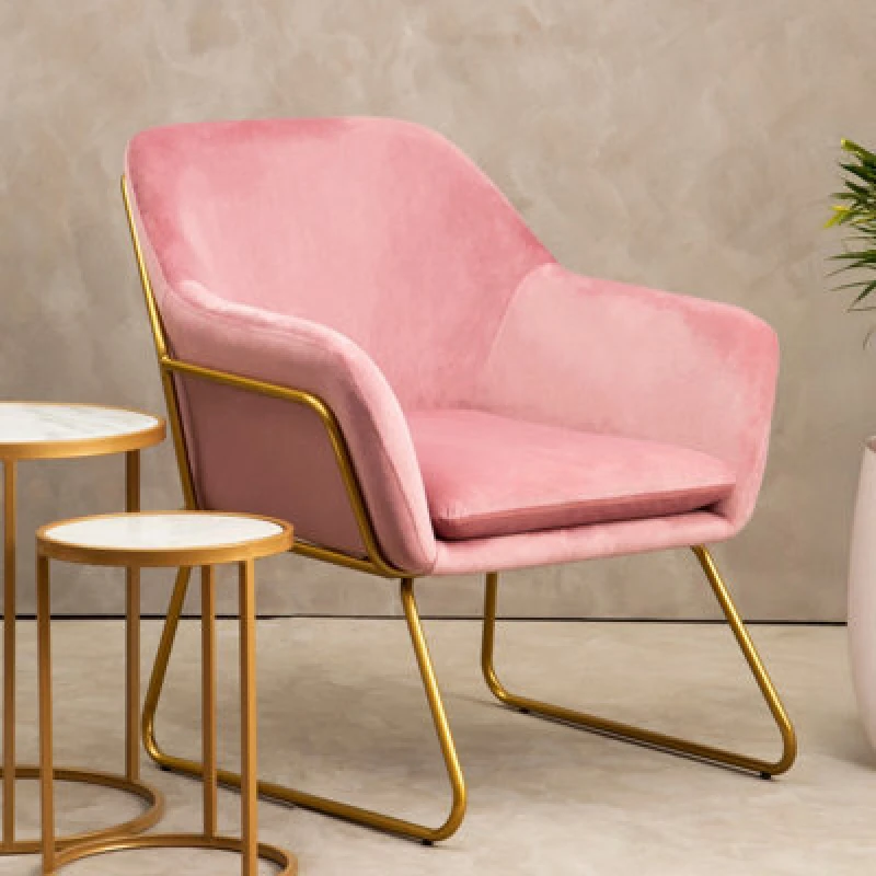 Image of Orsina Sleek Pink Velvet Powder Gold Armchair, Easy Care Velvet Chairs, Indoor Dining With Velvet Dining Chair