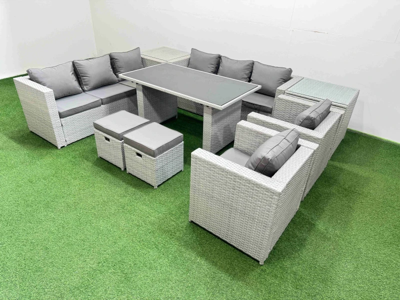 Image of Fimous 10 Seater Outdoor Dining Table 3 Seater Sofa Set with 2 Side Tables in Light Grey Light Grey Unisex