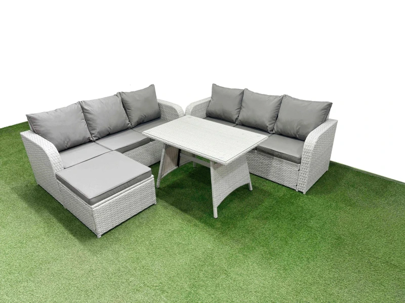 Image of Fimous Rattan High Back Lounge Sofa Set with 3 Seater Sofa Big Stool in Light Grey Light Grey Unisex