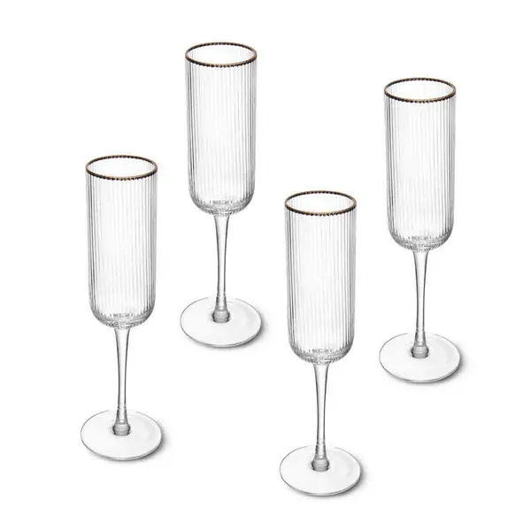 Image of Mikasa Sorrento Ridged Crystal Champagne Flute Glasses, Set Of 4, 200Ml