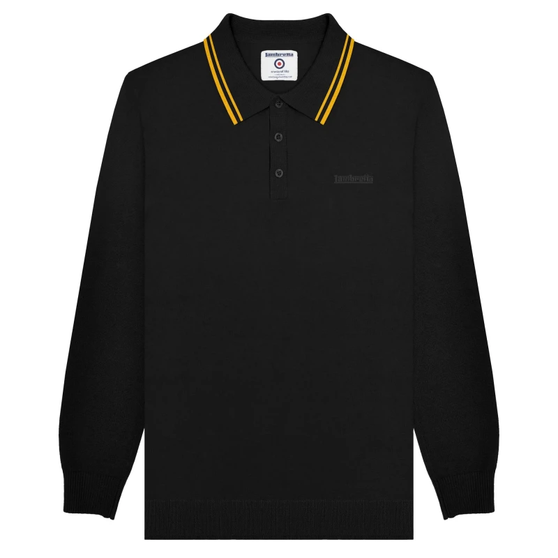 Image of Lambretta Lambretta Men Knitted Tipped Long-Sleeved Polo Shirt in Black Size: Small Black S Male 5063703649254
