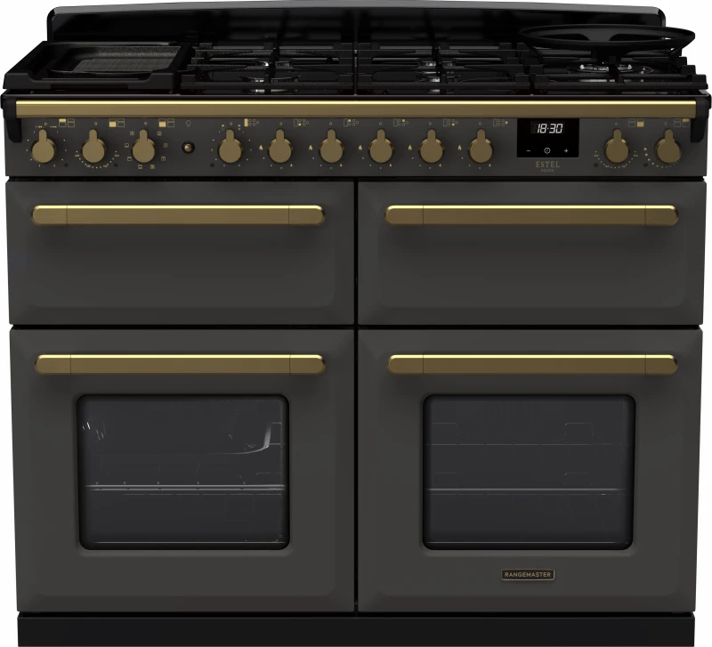 Image of Rangemaster Estel Deluxe ESDLB110DFPSLT/AB1 110cm wide Dual Fuel Range Cooker with Gas Hob - Slate / Antique Brass - A/A Rated