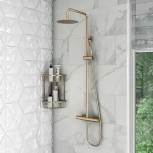 Image of Brushed Brass Thermostatic Mixer Bar Shower with Round Overhead & Pencil Handset - Arissa