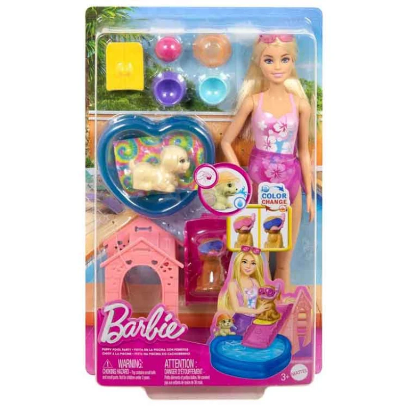 Image of Barbie Puppy Pool Party Toy Playset with Fashion Doll Doghouse & Slide Heart-Shaped Pool 2 Pet Dog Figures 6 Accessories & Color Change JBF35